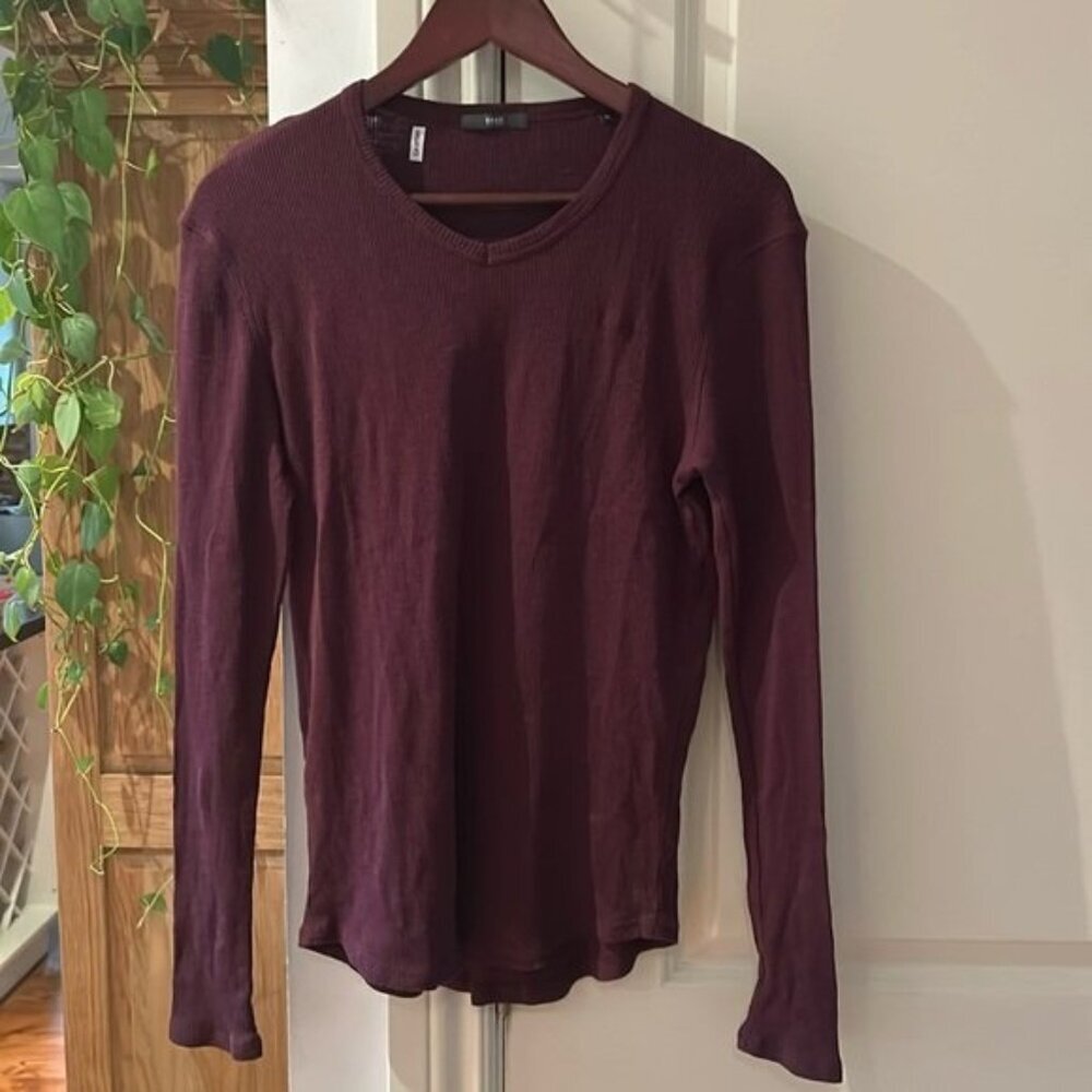 BRAX HARRY ROSEN ribbed v neck pull over medium long sleeve top burgundy